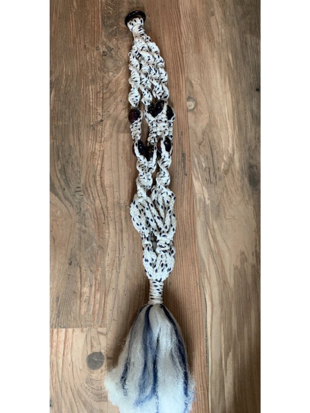 Handmade 33" White & Black Macrame Plant Hanger Wooden Beads